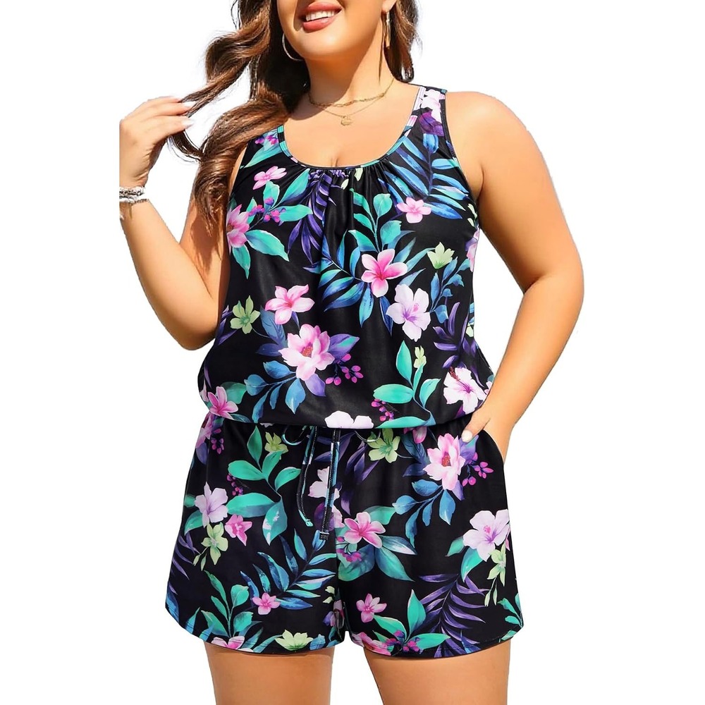 Tempt Me Women Floral Romper Swimsuit Cover Up Black Tropical Size 22W New